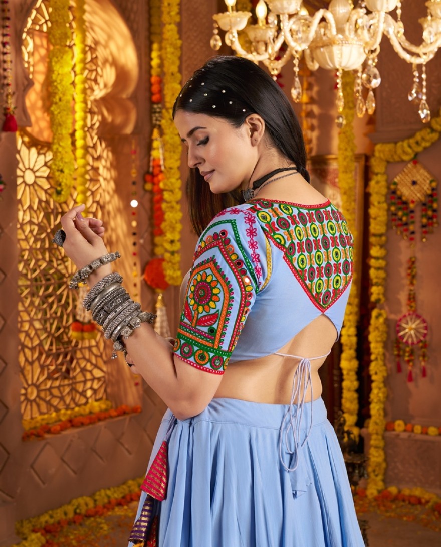 11041-blue - Garba Elegance in Light Blue Patchwork Splendor